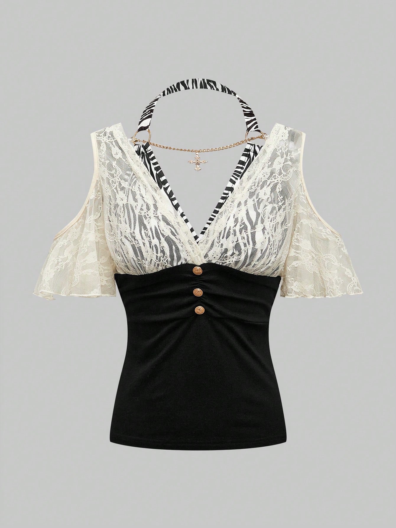 ROMWE Hippie Blusa con escote cruzado en la espalda, decoración de colgante y parches de estampado de cebra y encaje en estilo Harajuku Gal Y2K para mujeres