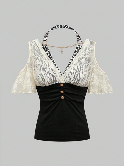 ROMWE Hippie Blusa con escote cruzado en la espalda, decoración de colgante y parches de estampado de cebra y encaje en estilo Harajuku Gal Y2K para mujeres