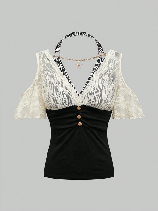 ROMWE Hippie Blusa con escote cruzado en la espalda, decoración de colgante y parches de estampado de cebra y encaje en estilo Harajuku Gal Y2K para mujeres