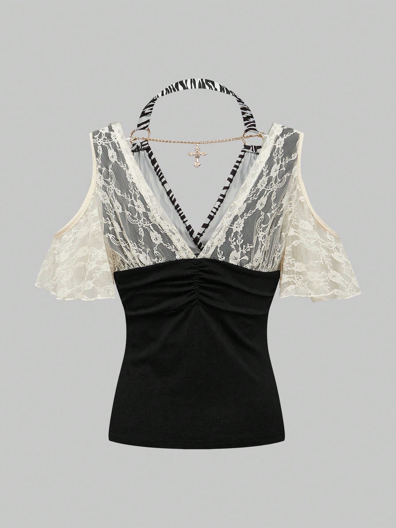 ROMWE Hippie Blusa con escote cruzado en la espalda, decoración de colgante y parches de estampado de cebra y encaje en estilo Harajuku Gal Y2K para mujeres