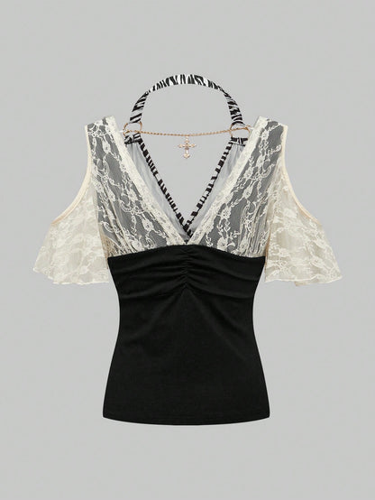 ROMWE Hippie Blusa con escote cruzado en la espalda, decoración de colgante y parches de estampado de cebra y encaje en estilo Harajuku Gal Y2K para mujeres