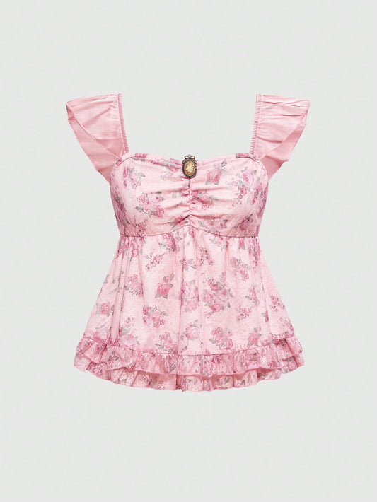 ROMWE Hippie Blusa de satén con decoración de dije, manga corta y estampado de parches de flores diminutas en estilo vintage "Cottage Core" para mujer