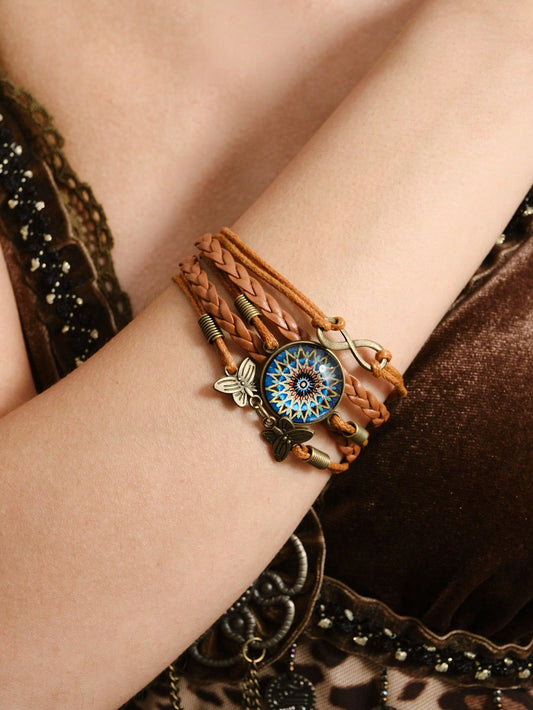 ROMWE Hippie Brazalete trenzado de estilo vintage con gema de mandala bohemio infinito y dije de mariposa