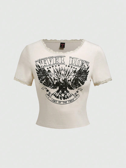 ROMWE Hippie Camiseta de mujer de manga corta con estampado de águila cowboy del oeste