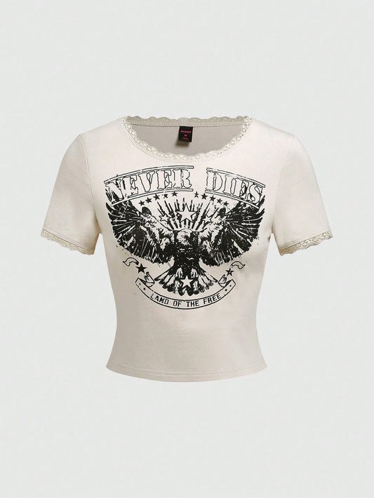 ROMWE Hippie Camiseta de mujer de manga corta con estampado de águila cowboy del oeste