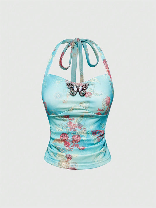 ROMWE Hippie Camiseta de tirantes para mujer con cuello en V, estampado abstracto de lazo y flor de anacardo, estilo hippie