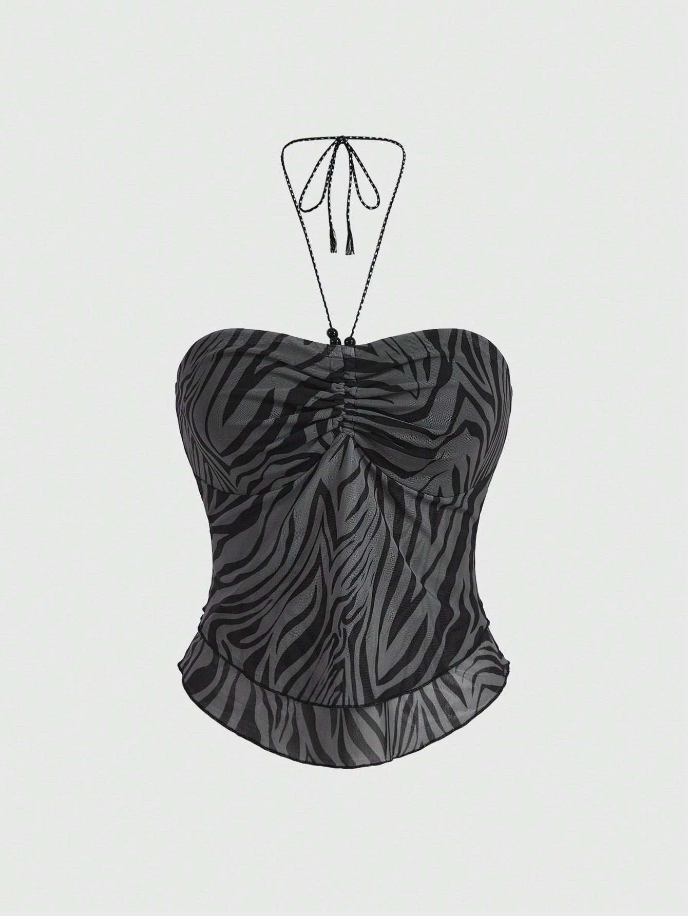ROMWE Hippie Camisola con malla y estampado de leopardo y cebra para mujer, estilo bohemio y sexy, con lazo de cinta adornado con cuentas y nudo de lazo