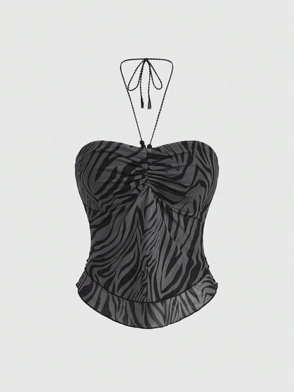 ROMWE Hippie Camisola con malla y estampado de leopardo y cebra para mujer, estilo bohemio y sexy, con lazo de cinta adornado con cuentas y nudo de lazo