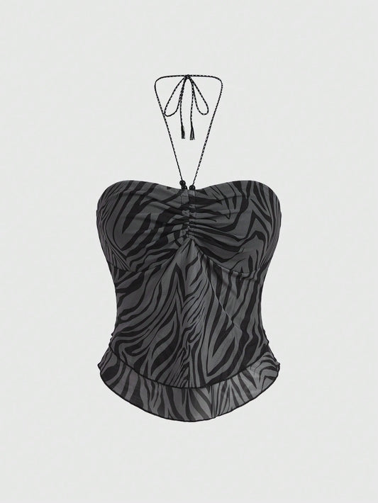 ROMWE Hippie Camisola con malla y estampado de leopardo y cebra para mujer, estilo bohemio y sexy, con lazo de cinta adornado con cuentas y nudo de lazo