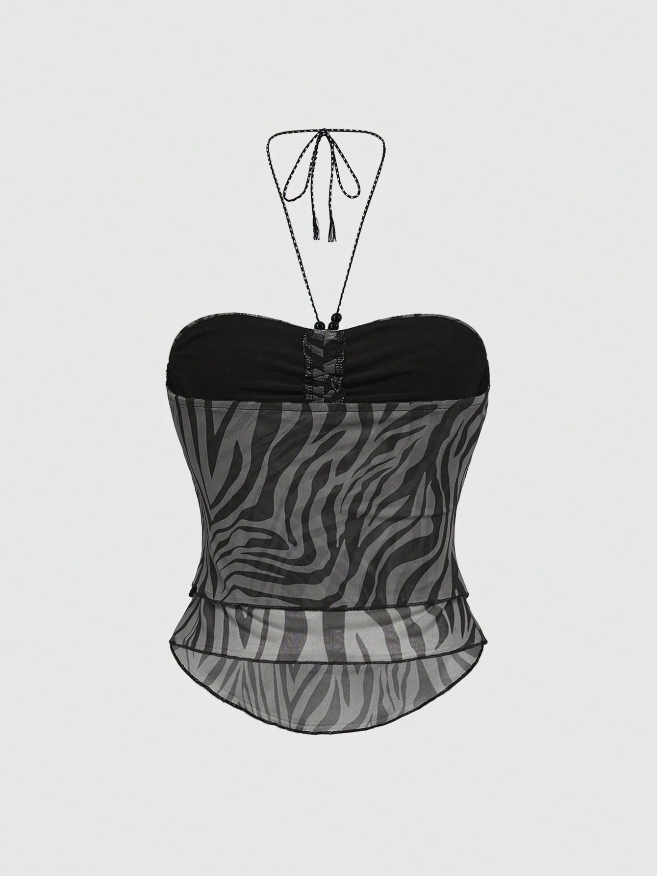 ROMWE Hippie Camisola con malla y estampado de leopardo y cebra para mujer, estilo bohemio y sexy, con lazo de cinta adornado con cuentas y nudo de lazo