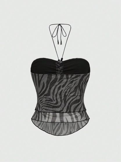 ROMWE Hippie Camisola con malla y estampado de leopardo y cebra para mujer, estilo bohemio y sexy, con lazo de cinta adornado con cuentas y nudo de lazo
