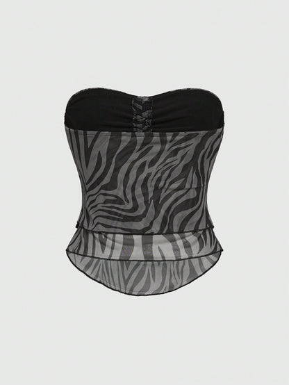 ROMWE Hippie Camisola con malla y estampado de leopardo y cebra para mujer, estilo bohemio y sexy, con lazo de cinta adornado con cuentas y nudo de lazo