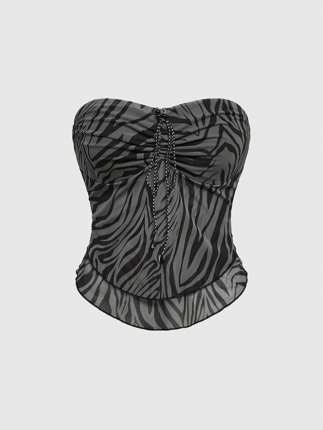 ROMWE Hippie Camisola con malla y estampado de leopardo y cebra para mujer, estilo bohemio y sexy, con lazo de cinta adornado con cuentas y nudo de lazo