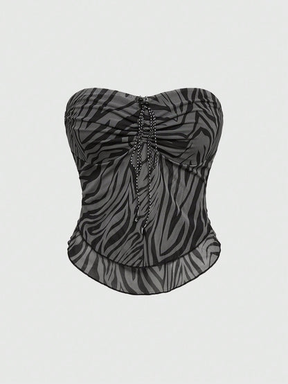 ROMWE Hippie Camisola con malla y estampado de leopardo y cebra para mujer, estilo bohemio y sexy, con lazo de cinta adornado con cuentas y nudo de lazo