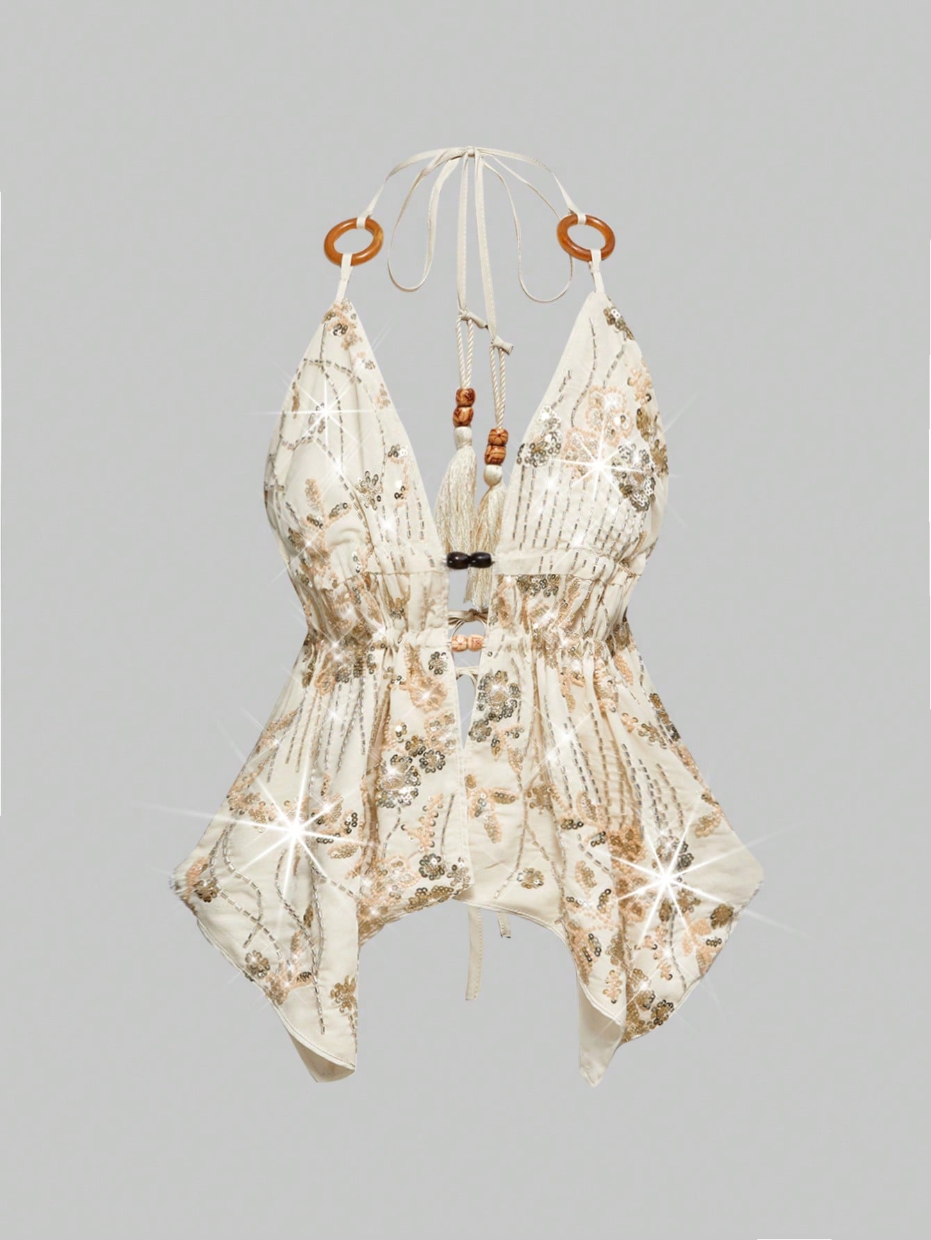ROMWE Hippie Chaleco de mujer con bajo asimétrico, con escote halter, bordado, de tela con cuentas de madera, estilo hippie vintage para vacaciones