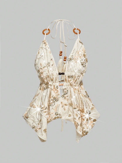 ROMWE Hippie Chaleco de mujer con bajo asimétrico, con escote halter, bordado, de tela con cuentas de madera, estilo hippie vintage para vacaciones