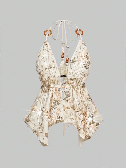 ROMWE Hippie Chaleco de mujer con bajo asimétrico, con escote halter, bordado, de tela con cuentas de madera, estilo hippie vintage para vacaciones