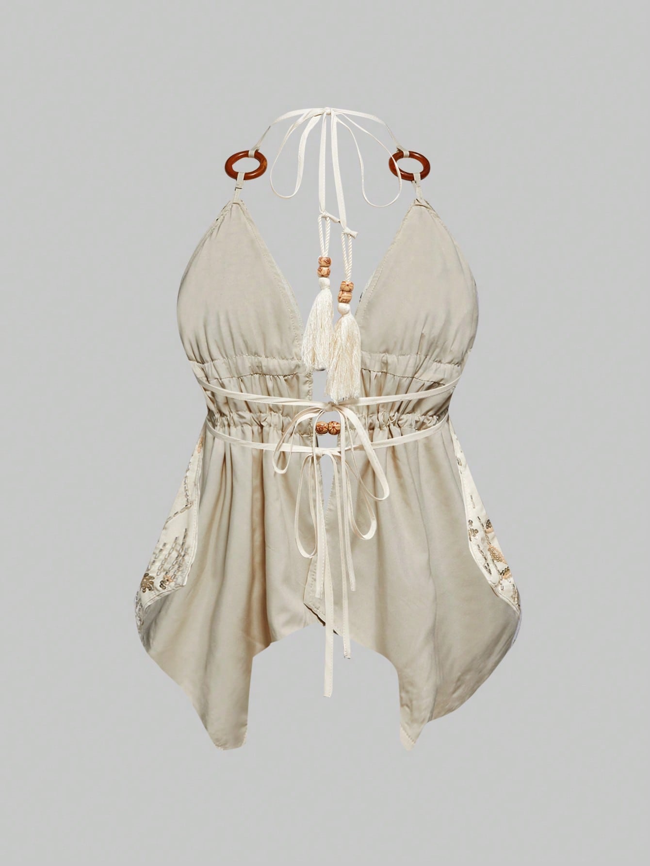 ROMWE Hippie Chaleco de mujer con bajo asimétrico, con escote halter, bordado, de tela con cuentas de madera, estilo hippie vintage para vacaciones