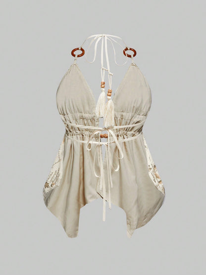 ROMWE Hippie Chaleco de mujer con bajo asimétrico, con escote halter, bordado, de tela con cuentas de madera, estilo hippie vintage para vacaciones