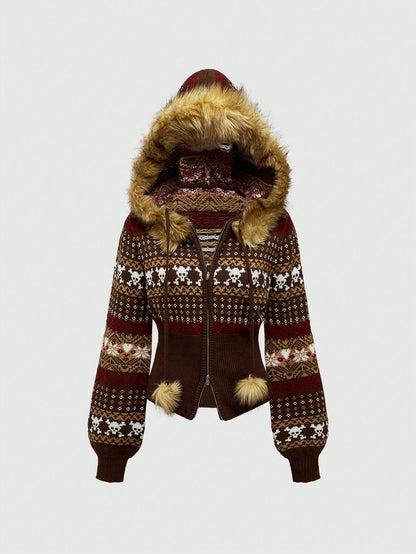 ROMWE Hippie Cárdigan con capucha vintage Y2K Gyaru, ajustado, con dobladillo deshilachado y estampado fairisle para mujer