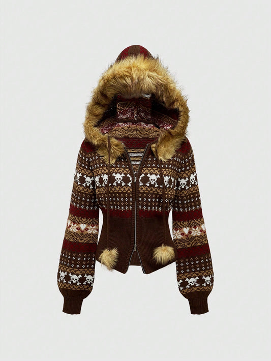 ROMWE Hippie Cárdigan con capucha vintage Y2K Gyaru, ajustado, con dobladillo deshilachado y estampado fairisle para mujer