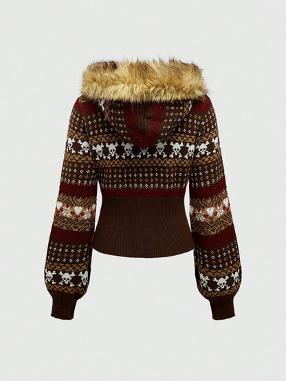 ROMWE Hippie Cárdigan con capucha vintage Y2K Gyaru, ajustado, con dobladillo deshilachado y estampado fairisle para mujer