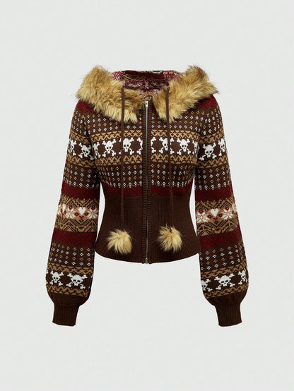 ROMWE Hippie Cárdigan con capucha vintage Y2K Gyaru, ajustado, con dobladillo deshilachado y estampado fairisle para mujer