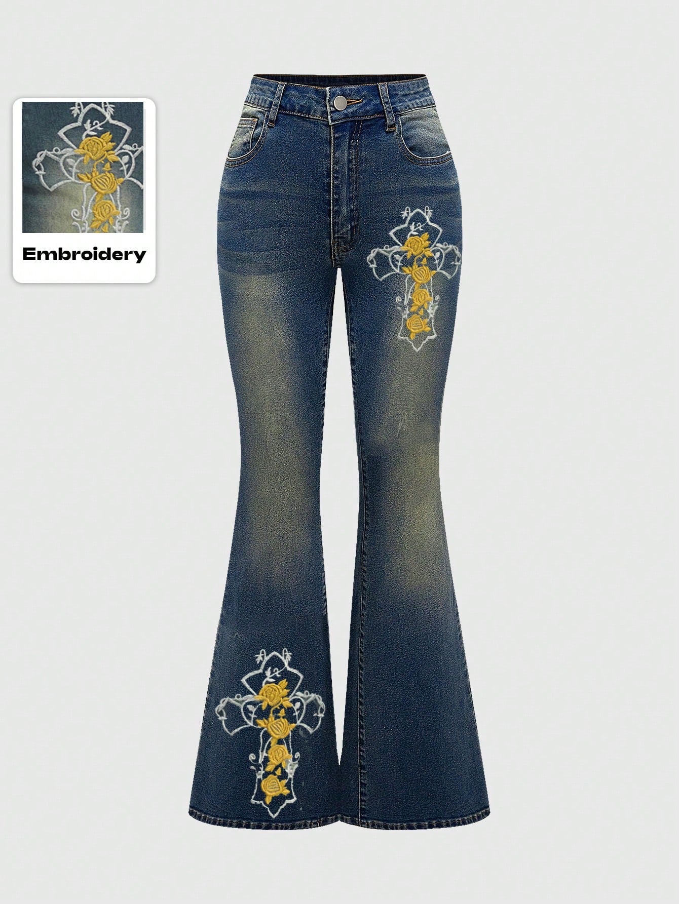 ROMWE Hippie Jeans de campana bordados vintage, pantalones vaqueros de talle bajo estilo hippie y bohemio para mujeres