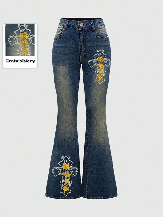ROMWE Hippie Jeans de campana bordados vintage, pantalones vaqueros de talle bajo estilo hippie y bohemio para mujeres