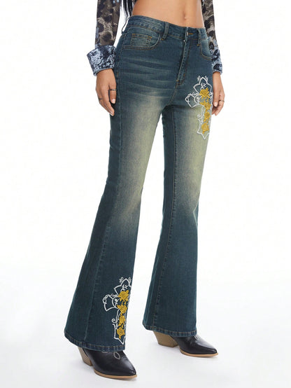 ROMWE Hippie Jeans de campana bordados vintage, pantalones vaqueros de talle bajo estilo hippie y bohemio para mujeres