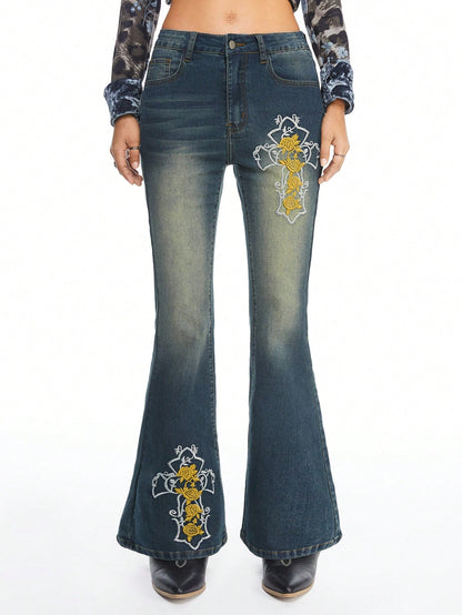 ROMWE Hippie Jeans de campana bordados vintage, pantalones vaqueros de talle bajo estilo hippie y bohemio para mujeres