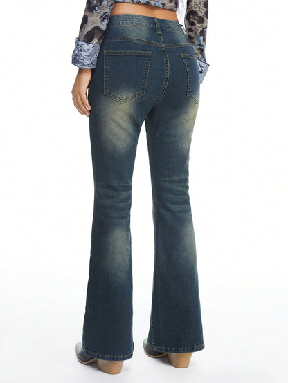ROMWE Hippie Jeans de campana bordados vintage, pantalones vaqueros de talle bajo estilo hippie y bohemio para mujeres