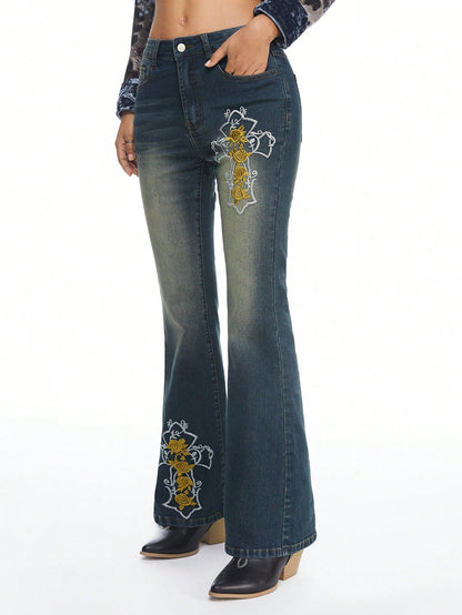 ROMWE Hippie Jeans de campana bordados vintage, pantalones vaqueros de talle bajo estilo hippie y bohemio para mujeres