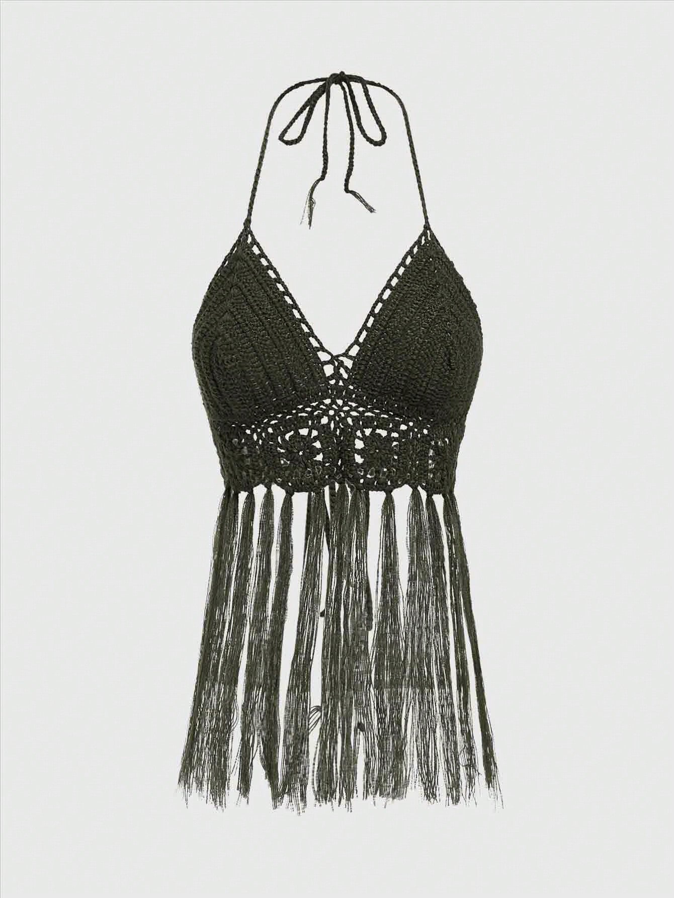 ROMWE Hippie Jersey de Mujer Estilo Bohemio Hippie de Punto de Ganchillo