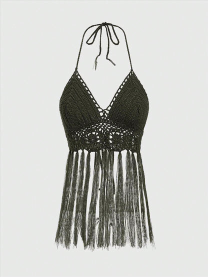 ROMWE Hippie Jersey de Mujer Estilo Bohemio Hippie de Punto de Ganchillo