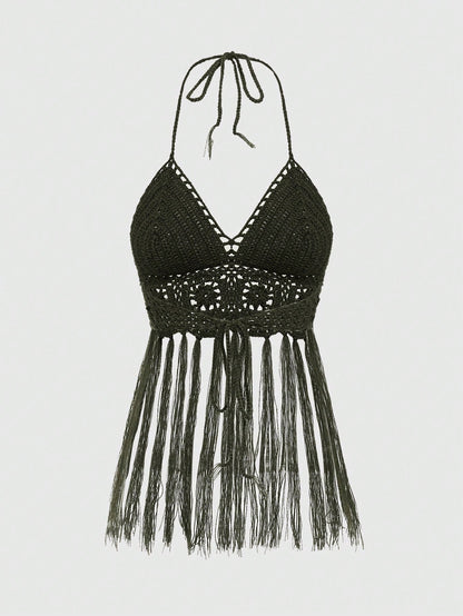 ROMWE Hippie Jersey de Mujer Estilo Bohemio Hippie de Punto de Ganchillo