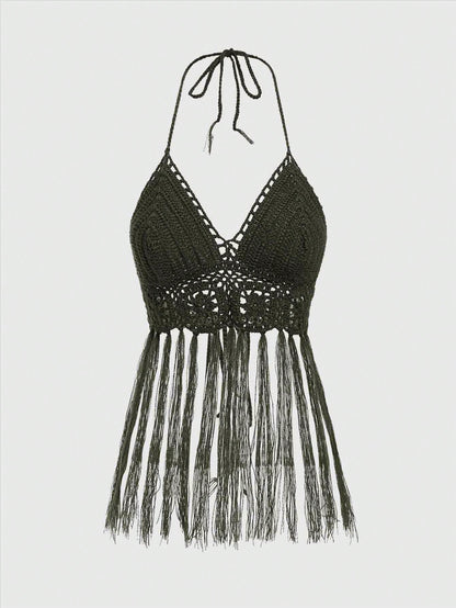 ROMWE Hippie Jersey de Mujer Estilo Bohemio Hippie de Punto de Ganchillo
