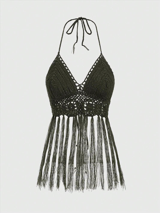 ROMWE Hippie Jersey de Mujer Estilo Bohemio Hippie de Punto de Ganchillo