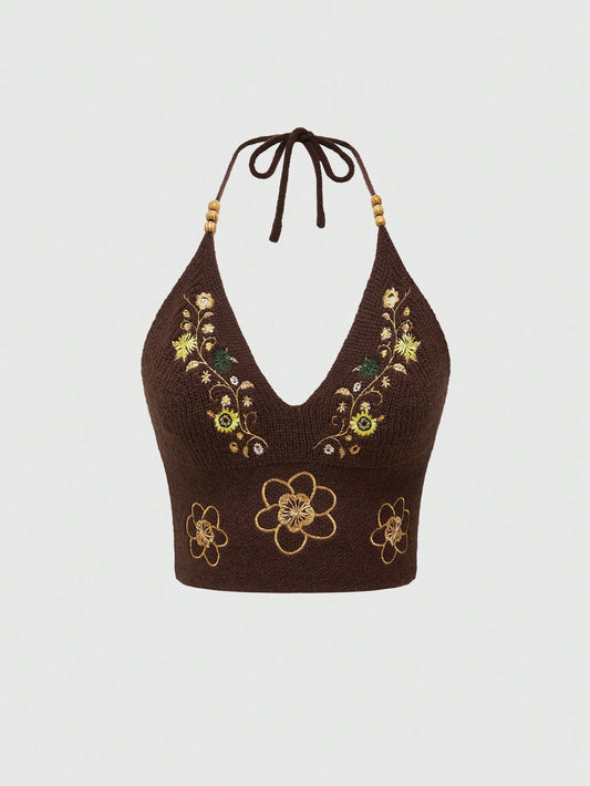 ROMWE Hippie Mujeres Top de punto de estilo vintage con correa de cuello