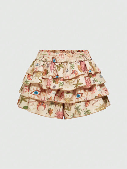ROMWE Hippie Pantalones cortos con estampado de palmeras tropicales, luna creciente y estrella, estilo hippie de vacaciones en la playa