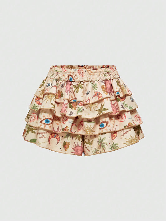 ROMWE Hippie Pantalones cortos con estampado de palmeras tropicales, luna creciente y estrella, estilo hippie de vacaciones en la playa
