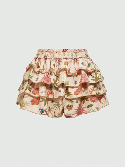 ROMWE Hippie Pantalones cortos con estampado de palmeras tropicales, luna creciente y estrella, estilo hippie de vacaciones en la playa