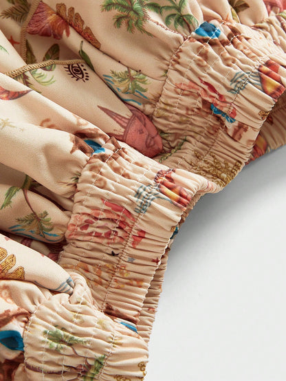 ROMWE Hippie Pantalones cortos con estampado de palmeras tropicales, luna creciente y estrella, estilo hippie de vacaciones en la playa