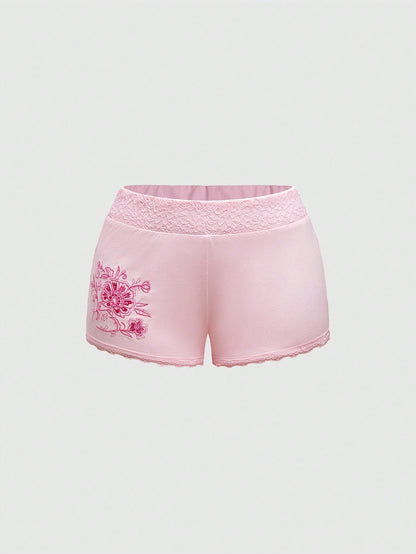 ROMWE Hippie Pantalones cortos de playa casuales de verano para mujer con bordado floral y decoración con tachuelas