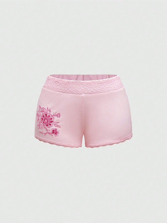 ROMWE Hippie Pantalones cortos de playa casuales de verano para mujer con bordado floral y decoración con tachuelas