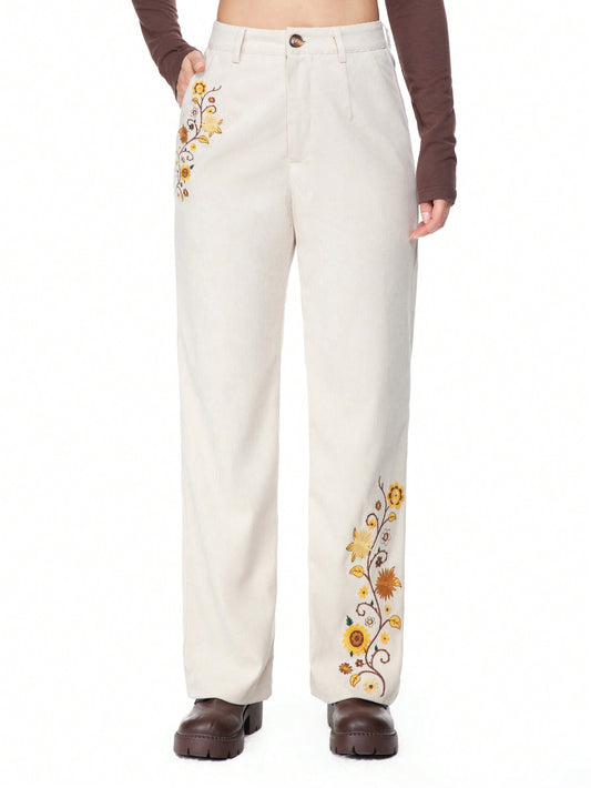 ROMWE Hippie Pantalones informales de mujer con bordado floral