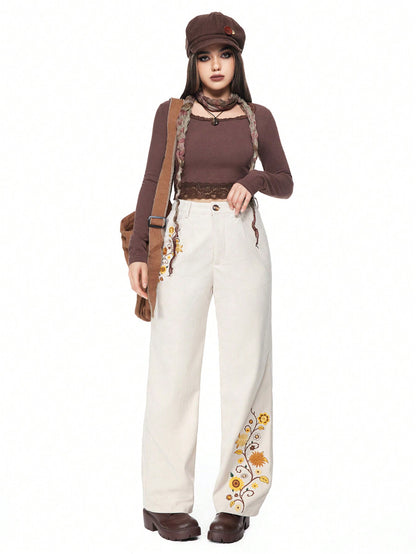 ROMWE Hippie Pantalones informales de mujer con bordado floral