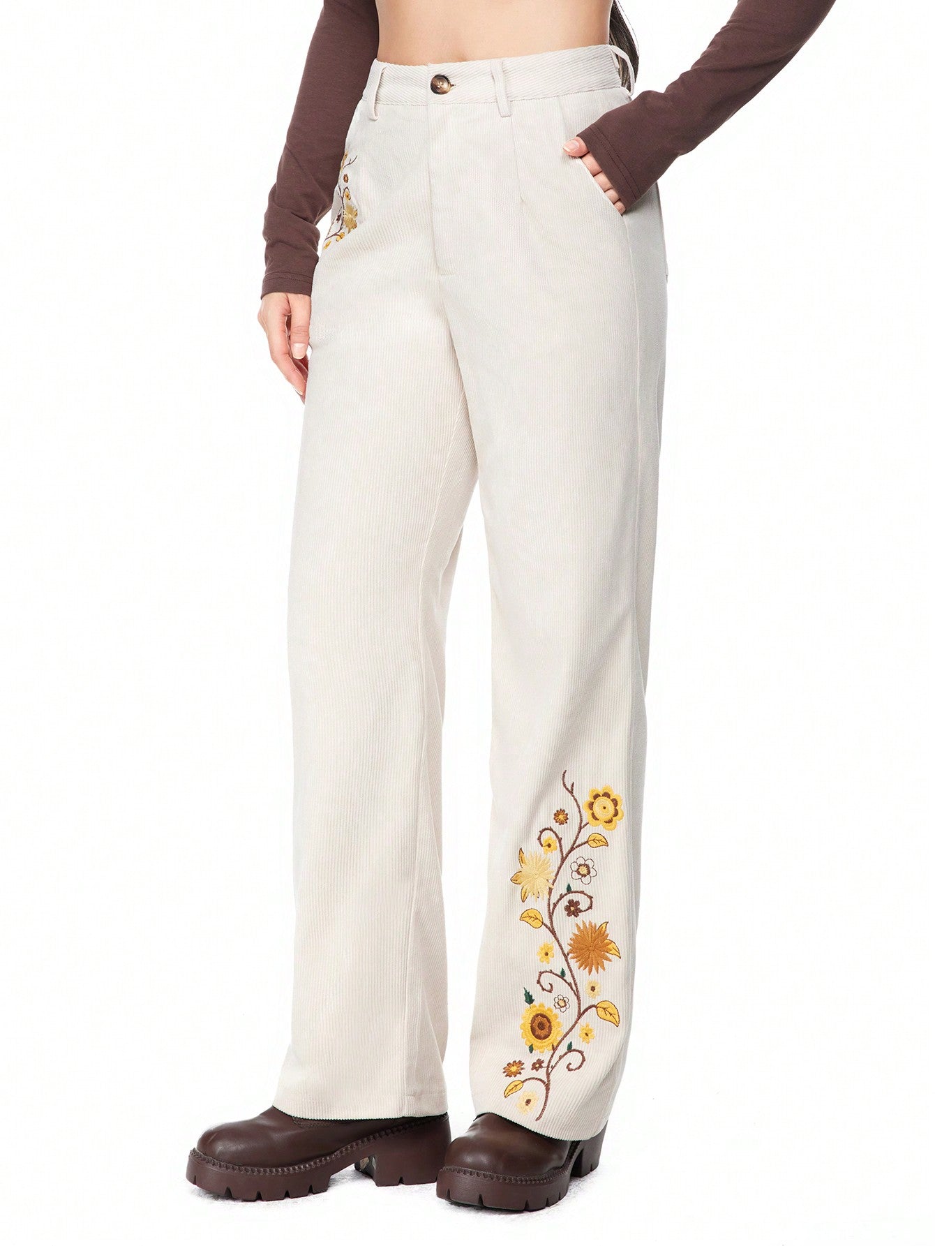 ROMWE Hippie Pantalones informales de mujer con bordado floral
