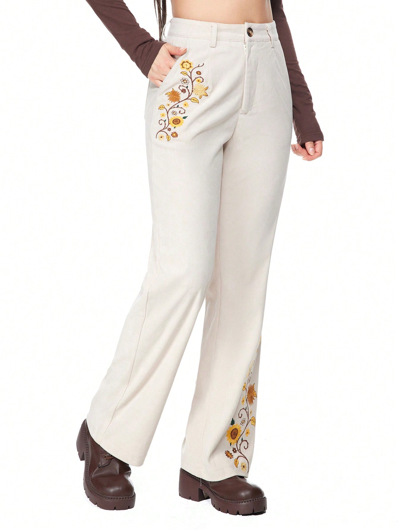 ROMWE Hippie Pantalones informales de mujer con bordado floral