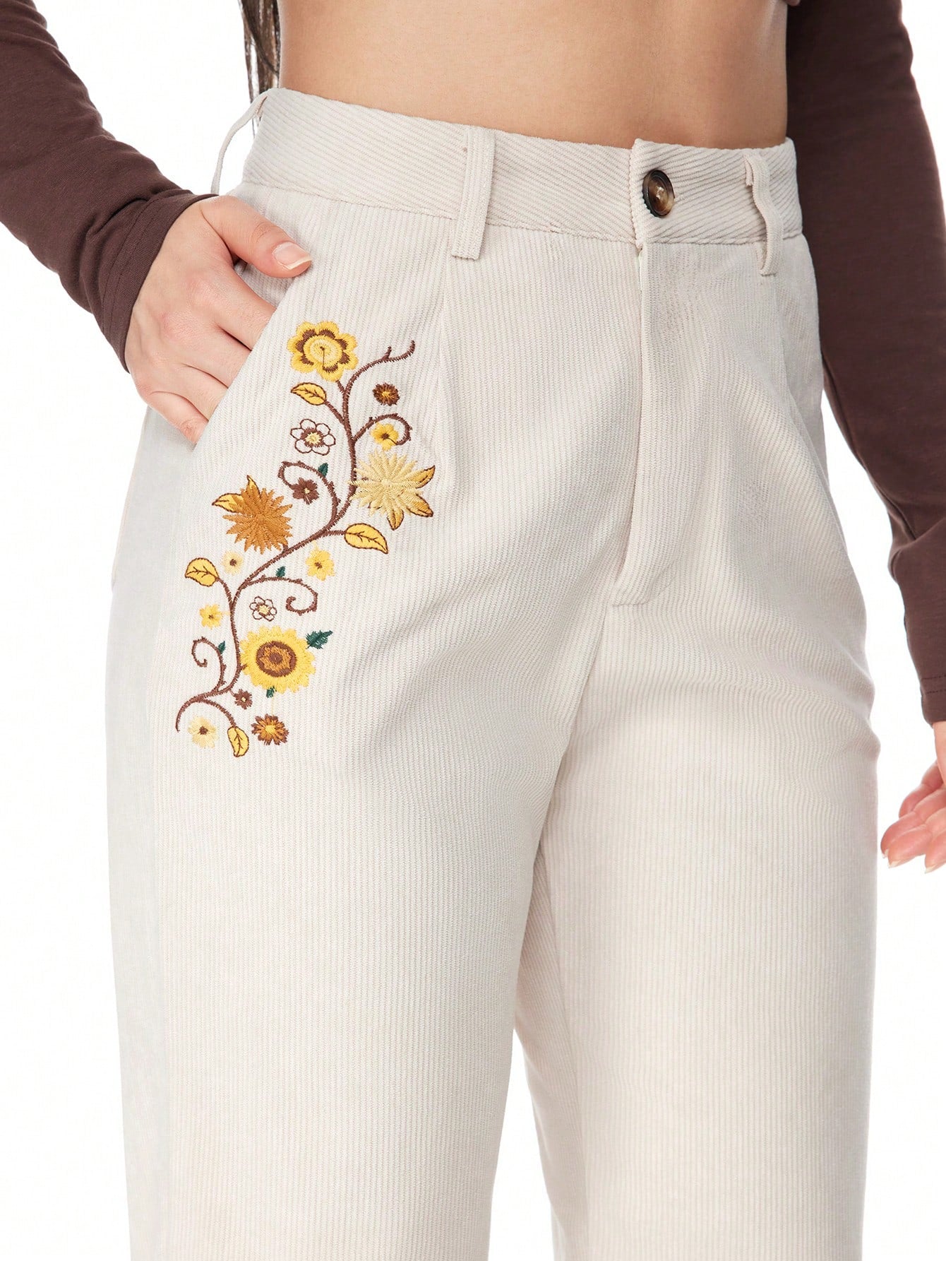 ROMWE Hippie Pantalones informales de mujer con bordado floral